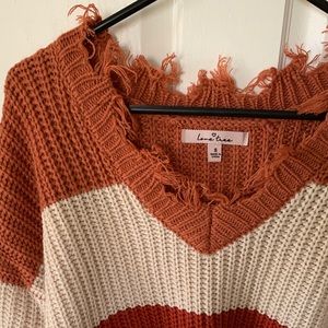 Distressed V-Neck Sweater - Color-Block